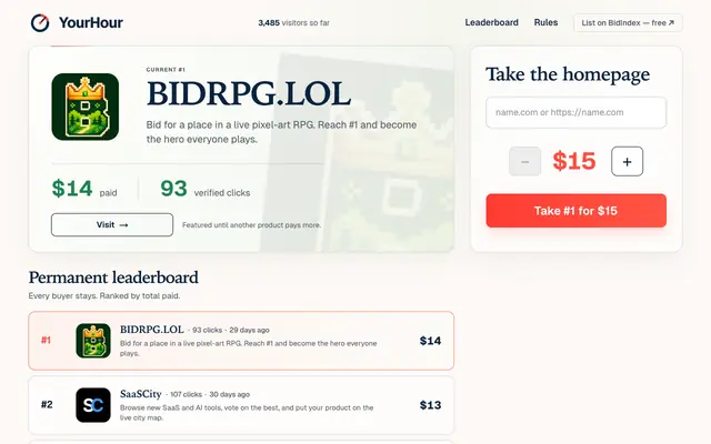 Screenshot of YourHour — One Product Owns the Homepage