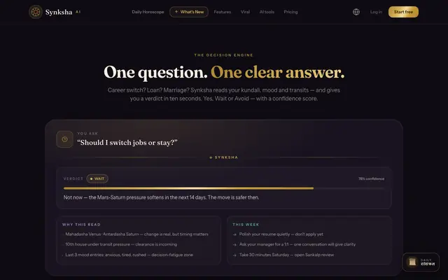 Screenshot of Synksha — India's AI Decision Making Engine | Council, Kundali, Rashifal, Gun Mi