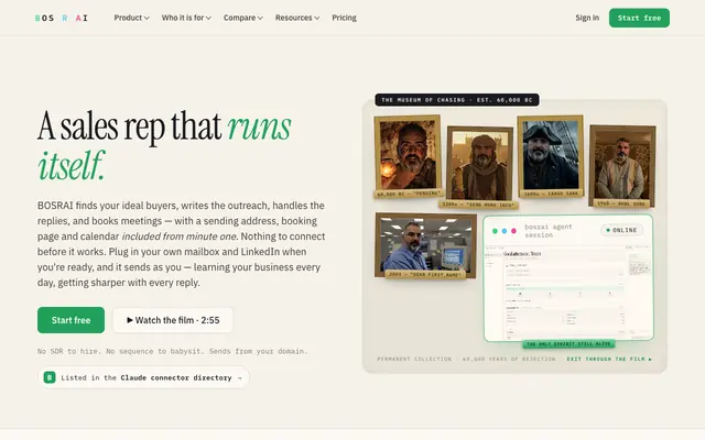 Screenshot of BOSRAI — A sales rep that runs itself