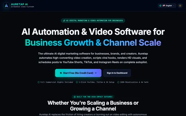 Screenshot of Auretap — AI Digital Marketing, Video Automation & Software for Businesses