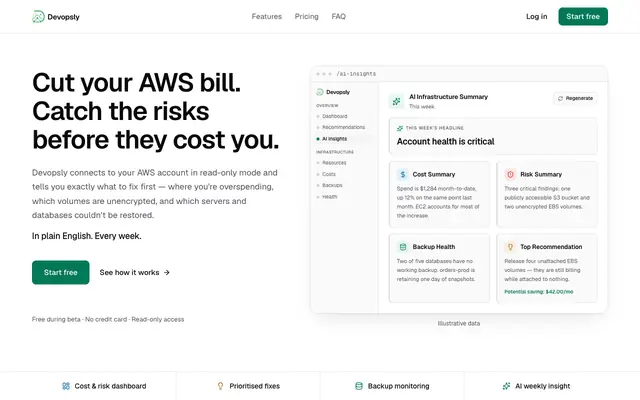 Screenshot of Devopsly — AI-powered AWS cost, risk & backup monitoring