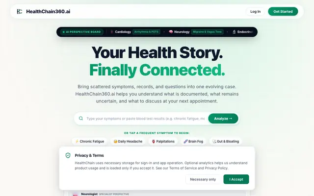 Screenshot of HealthChain360.ai - Multi-Specialist AI Medical Board & Health Assessment