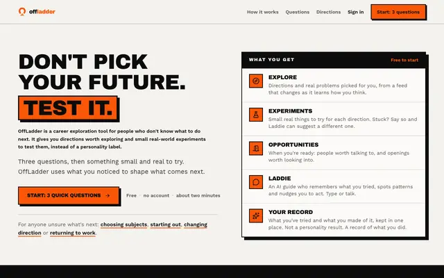 Screenshot of OffLadder | Don't pick your future. Test it.