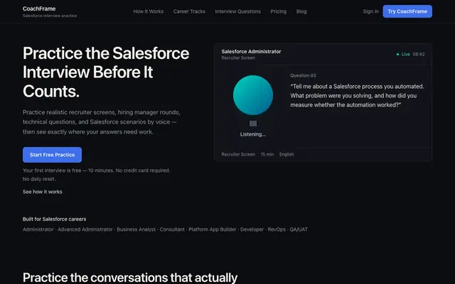 Screenshot of CoachFrame — Salesforce Mock Interview Practice | AI Feedback, Role Tracks & Sce