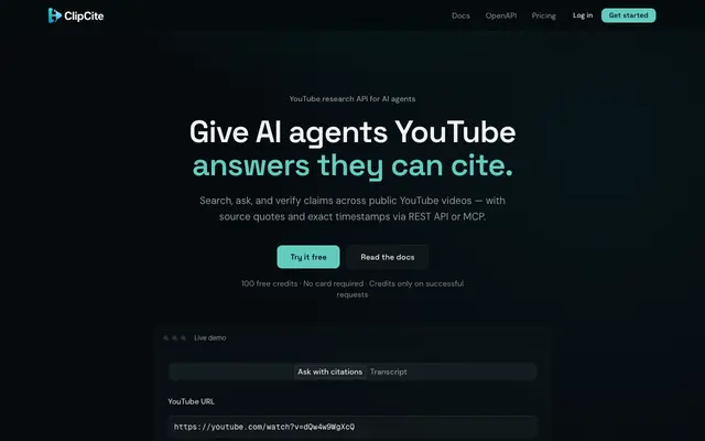 Screenshot of ClipCite — YouTube research API for AI agents