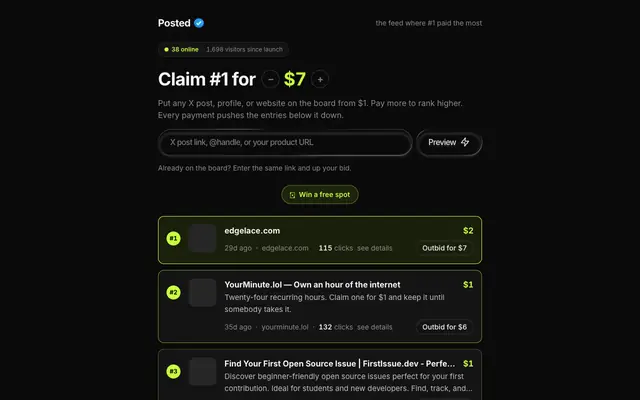 Screenshot of Posted: the feed where #1 paid the most