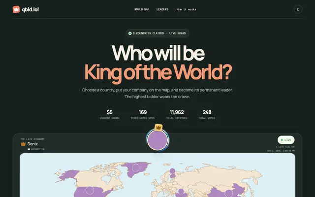 Screenshot of qbid.lol — King of the World