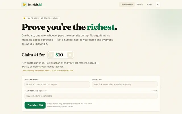 Screenshot of im-rich.lol — the leaderboard for people with too much money