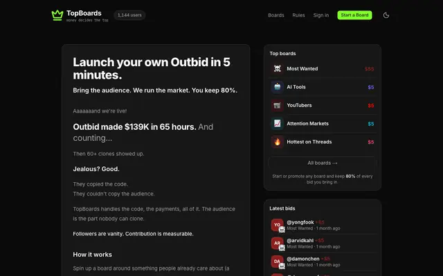 Screenshot of TopBoards - start your own leaderboard and get paid