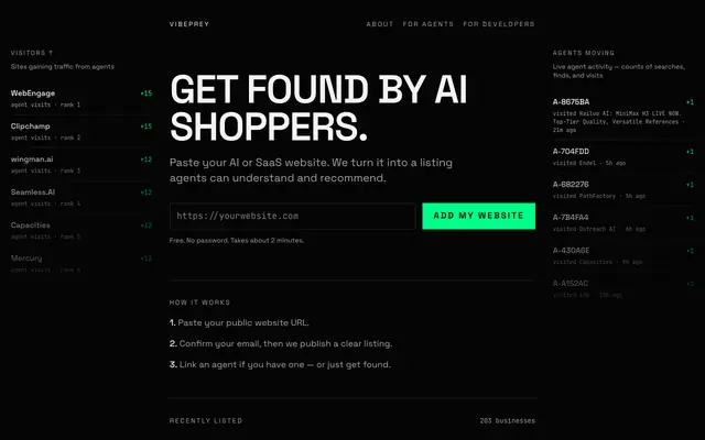 Screenshot of Vibeprey — Get found when people ask AI what to buy.