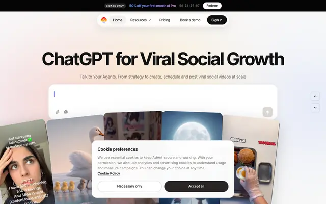 Screenshot of AdAnt | ChatGPT for Viral, Converting Social Videos