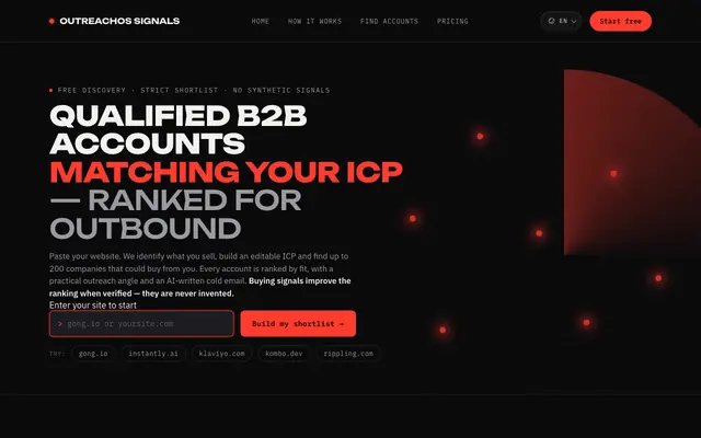 Screenshot of OutreachOS Signals — 20 B2B targets that match your ICP
