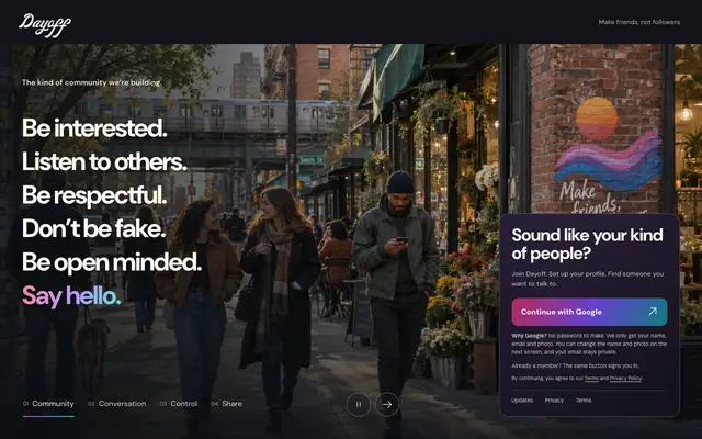 Screenshot of A DM-first social app · Dayoff