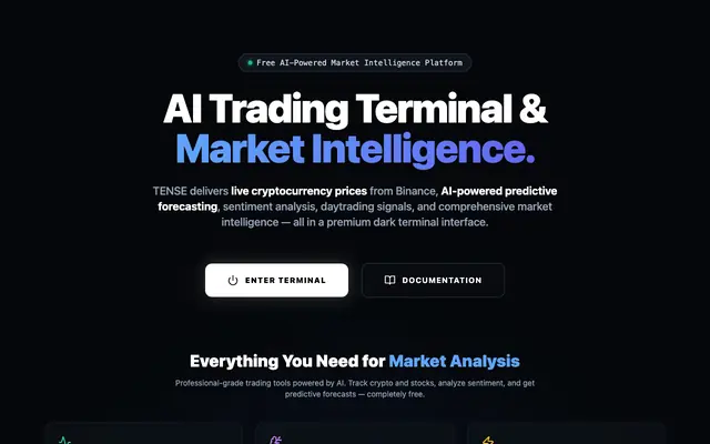Screenshot of TENSE — AI Trading Terminal | Live Crypto Prices, Market Intelligence & Predicti