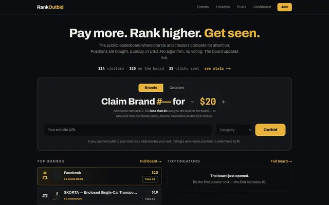 Screenshot of RankOutbid — Pay more. Rank higher. Get seen.