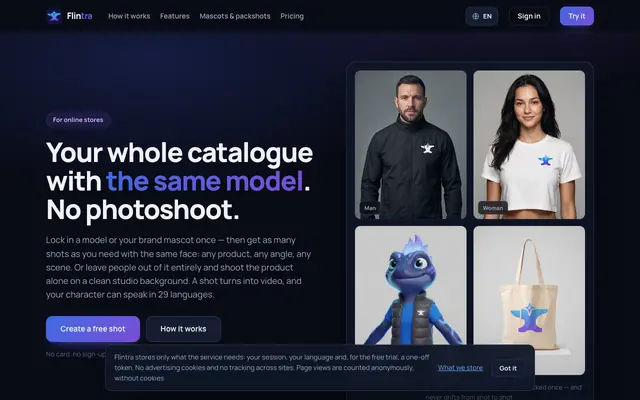 Screenshot of Flintra AI — product photos, with a model or without