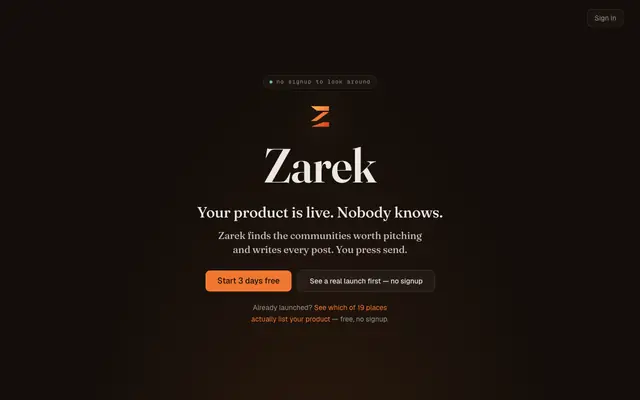 Screenshot of Zarek — writes your launch. You press send.