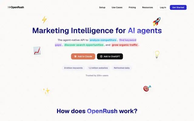 Screenshot of OpenRush: The Marketing Data Layer for AI Agents