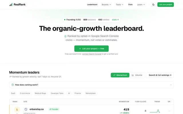 Screenshot of Fastest-Growing Websites by Organic Traffic