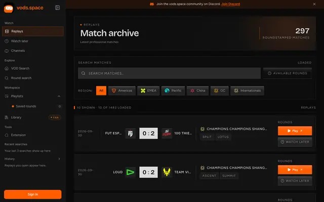 Screenshot of vods.space - find valorant