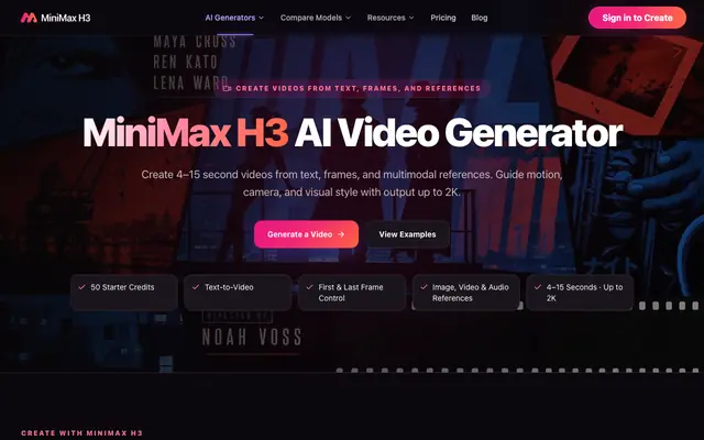 Screenshot of MiniMax H3 - Create 2K AI Videos from Text & References