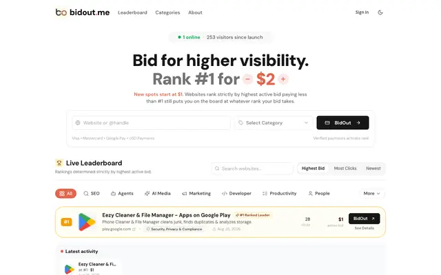 Screenshot of BidOut.me | Live Pay To Rank Directory Leaderboard