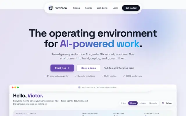 Screenshot of Lumicoria AI — The AI Agent Universe