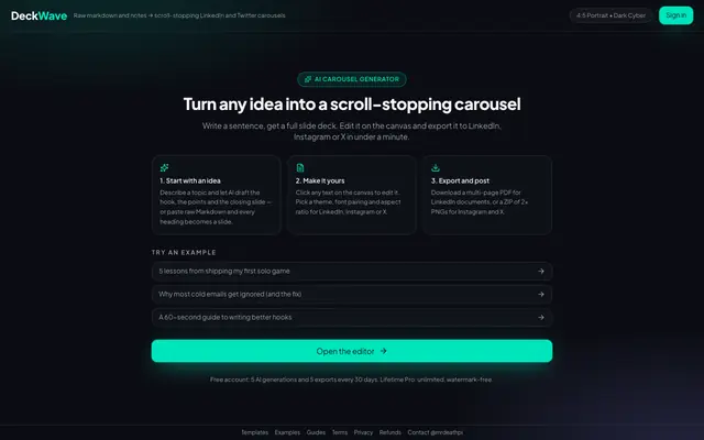 Screenshot of Markdown to LinkedIn & X Carousel Generator | DeckWave