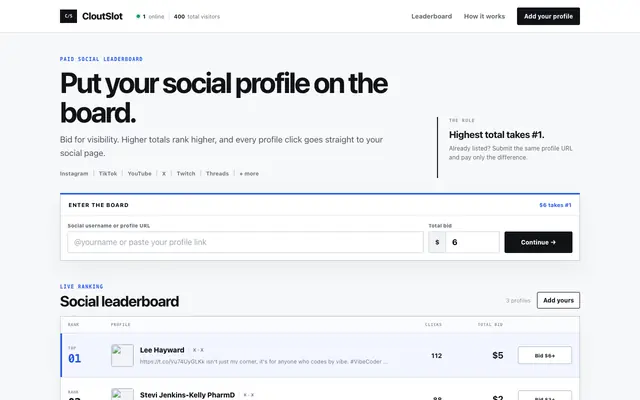 Screenshot of CloutSlot — Promote your social