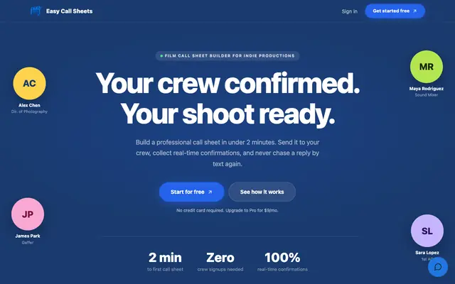 Screenshot of Easy Call Sheets | Film Call Sheet Builder for Indie Films