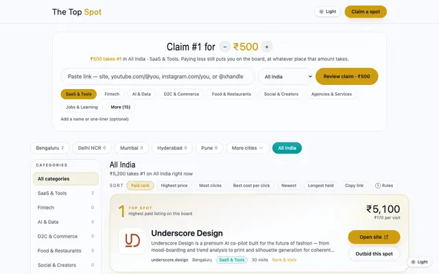 Screenshot of The Top Spot — India's pay-to-rank city boards