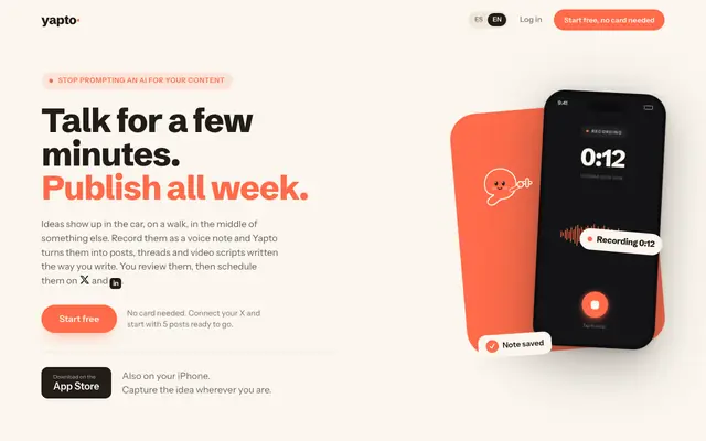 Screenshot of Yapto: talk for a few minutes, publish all week