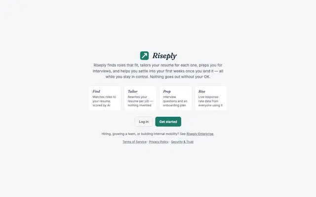 Screenshot of Riseply — AI job search, resume tailoring, and employee onboarding