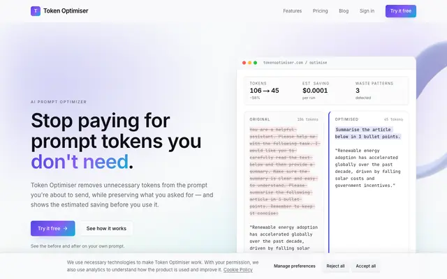 Screenshot of Reduce Unnecessary Prompt Tokens | Token Optimiser