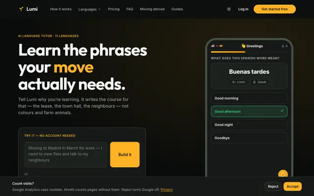 Screenshot of Lumi Language — AI phrases for moving abroad, not streaks