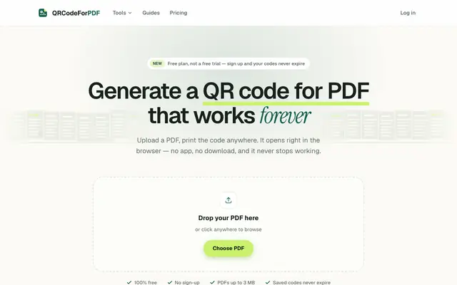 Screenshot of Create a QR Code for PDF — Free, No Sign-Up | QRCodeForPDF