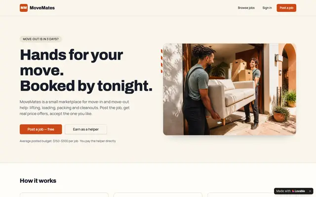 Screenshot of MoveMates — same-week move-in & move-out help