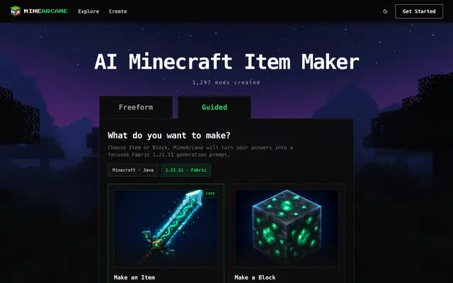 Screenshot of AI Minecraft Item Maker — Create Custom Items from Text, No Coding
