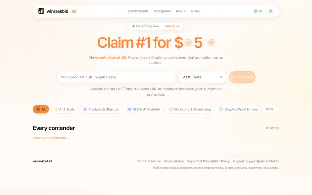 Screenshot of WinRankBid — The public promotional leaderboard