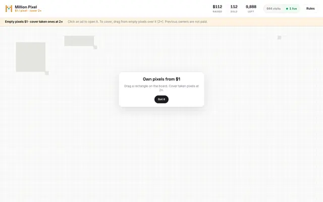 Screenshot of Million Pixel — own a piece of the internet, $1 a pixel