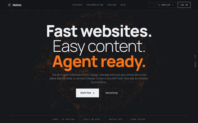 Screenshot of Neleto — Fast websites. Easy content. AI native.