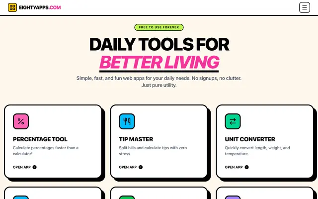 Screenshot of Eighty Apps - Free Online Calculators, Converters & Daily Tools