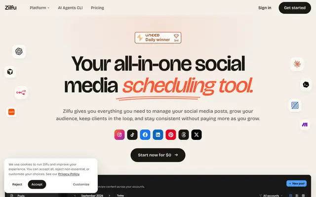 Screenshot of Free Social Media Scheduler — No Per-Seat Fees | Zilfu
