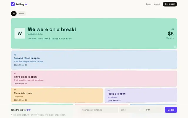 Screenshot of bidbig.lol: a public board of digital cards