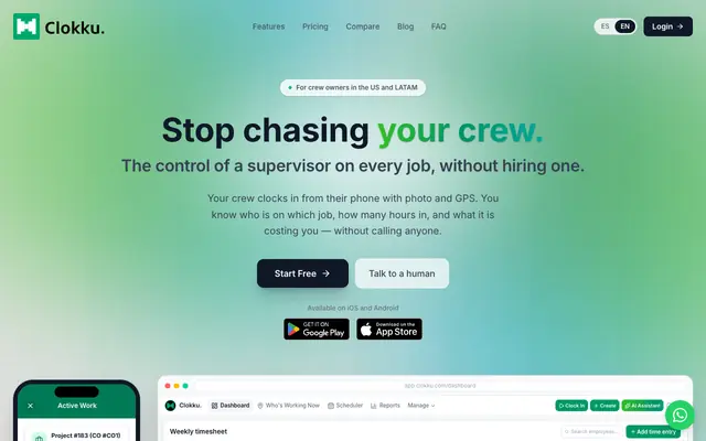 Screenshot of Clokku — Crew control: hours, GPS and job evidence