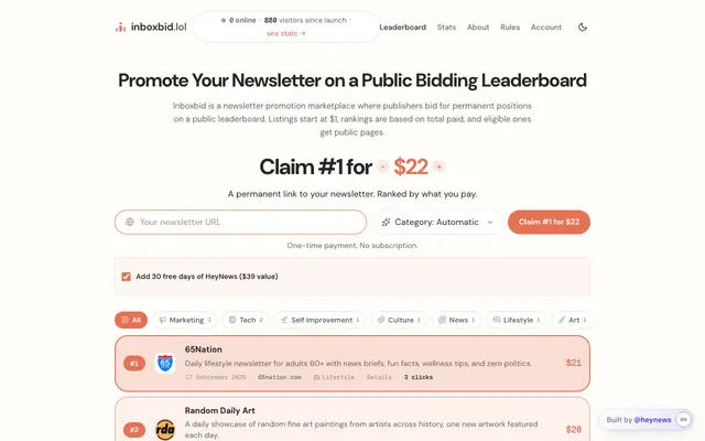 Screenshot of inboxbid — the newsletter bidding leaderboard