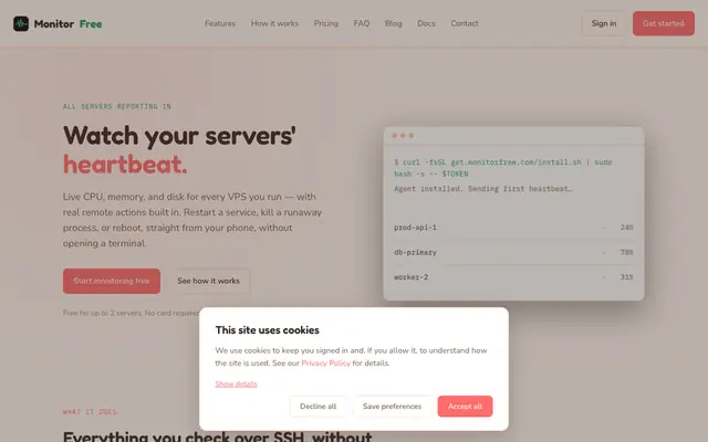 Screenshot of MonitorFree — watch your servers' heartbeat