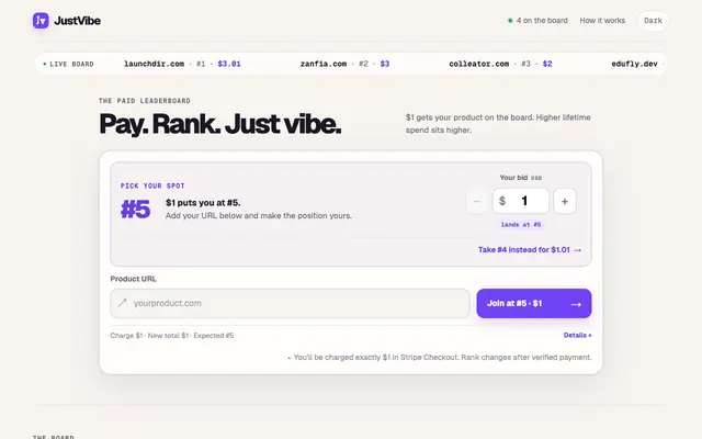 Screenshot of JustVibe — Pay. Rank. Just vibe.