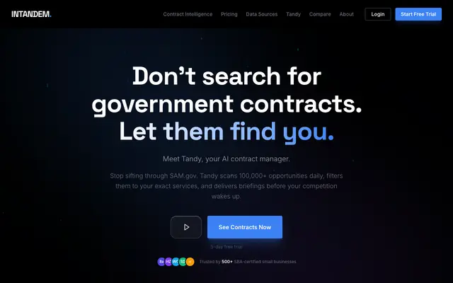 Screenshot of Federal & State Contract Intelligence for Small Businesses | Intandem