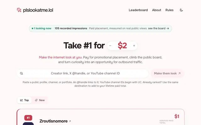 Screenshot of plslookatme.lol — Pay for attention.